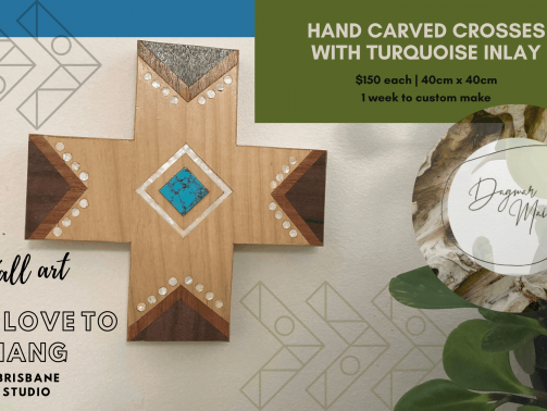 hand carved crosses with turquoise inlay Dagmar Maini wall art Brisbane