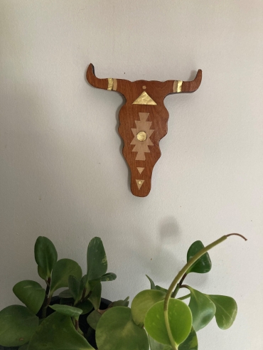 small wall hanging carved bull head with brass Dagmar Maini Brisbane